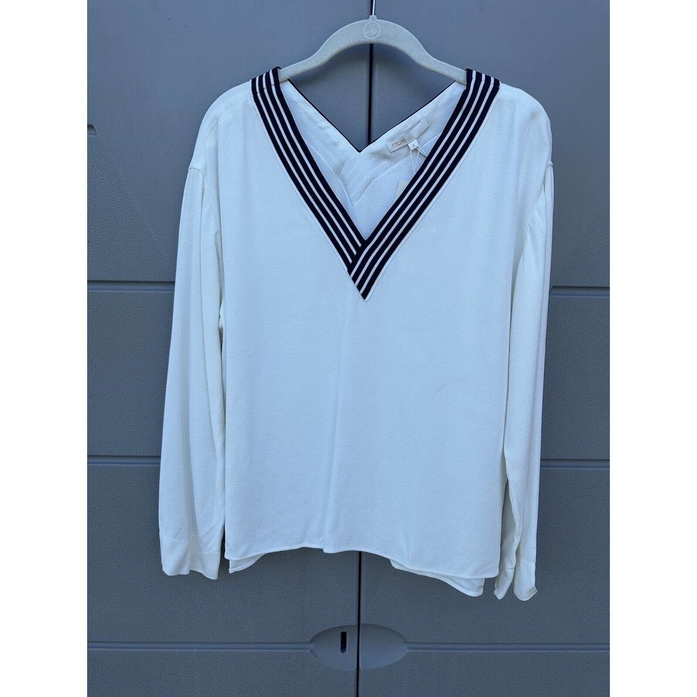 Maje $265 Lorni Lounge Long Sleeves Crepe Striped V-Neck Neckline Top Sz 3/L US - Picture 2 of 16